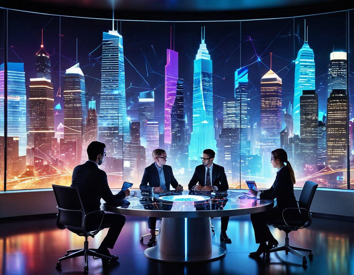 A dynamic business scene with diverse professionals collaborating around a futuristic table, surrounded by holographic charts and graphs that represent growth and innovation. The background features a bustling city skyline, symbolizing opportunity and progress. Bright, engaging colors to evoke a sense of creativity and forward-thinking. super-realistic. vibrant colors. 3D.