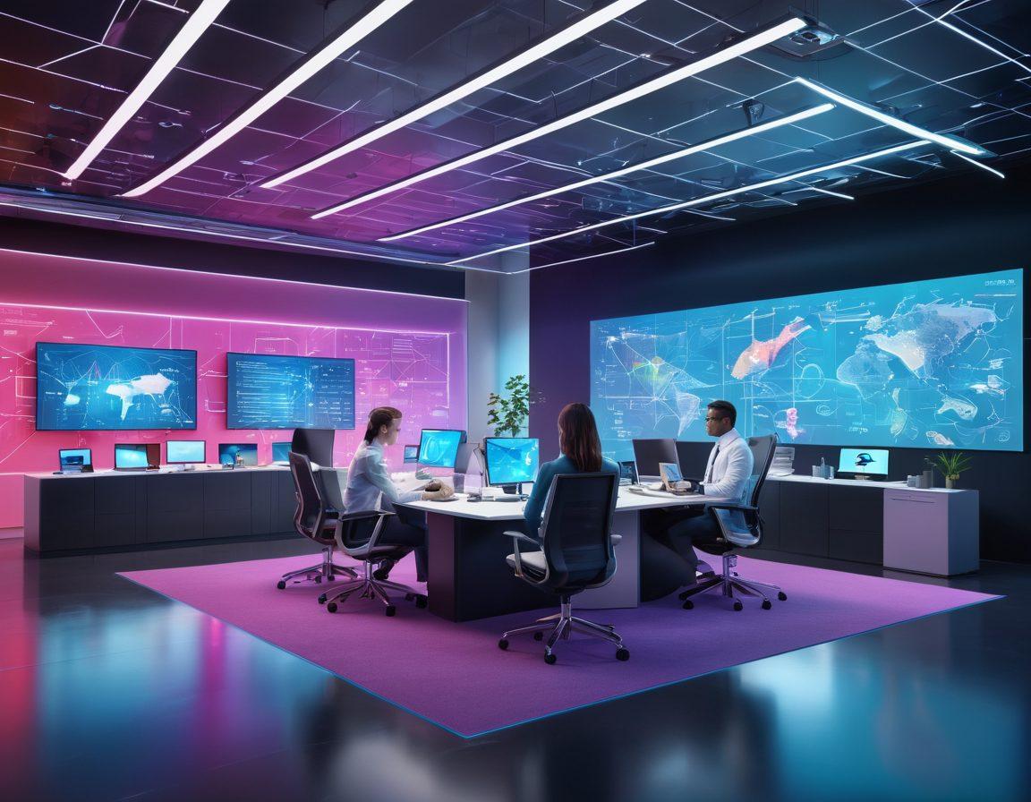 A futuristic office space showcasing diverse professionals collaborating on high-tech devices, surrounded by holographic displays of innovative technologies. Include dynamic visuals of graphs and data flow emphasizing strategic planning and creativity. The atmosphere should exude energy and inspiration, with bright, vibrant colors to symbolize innovation. super-realistic. vibrant colors. 3D.