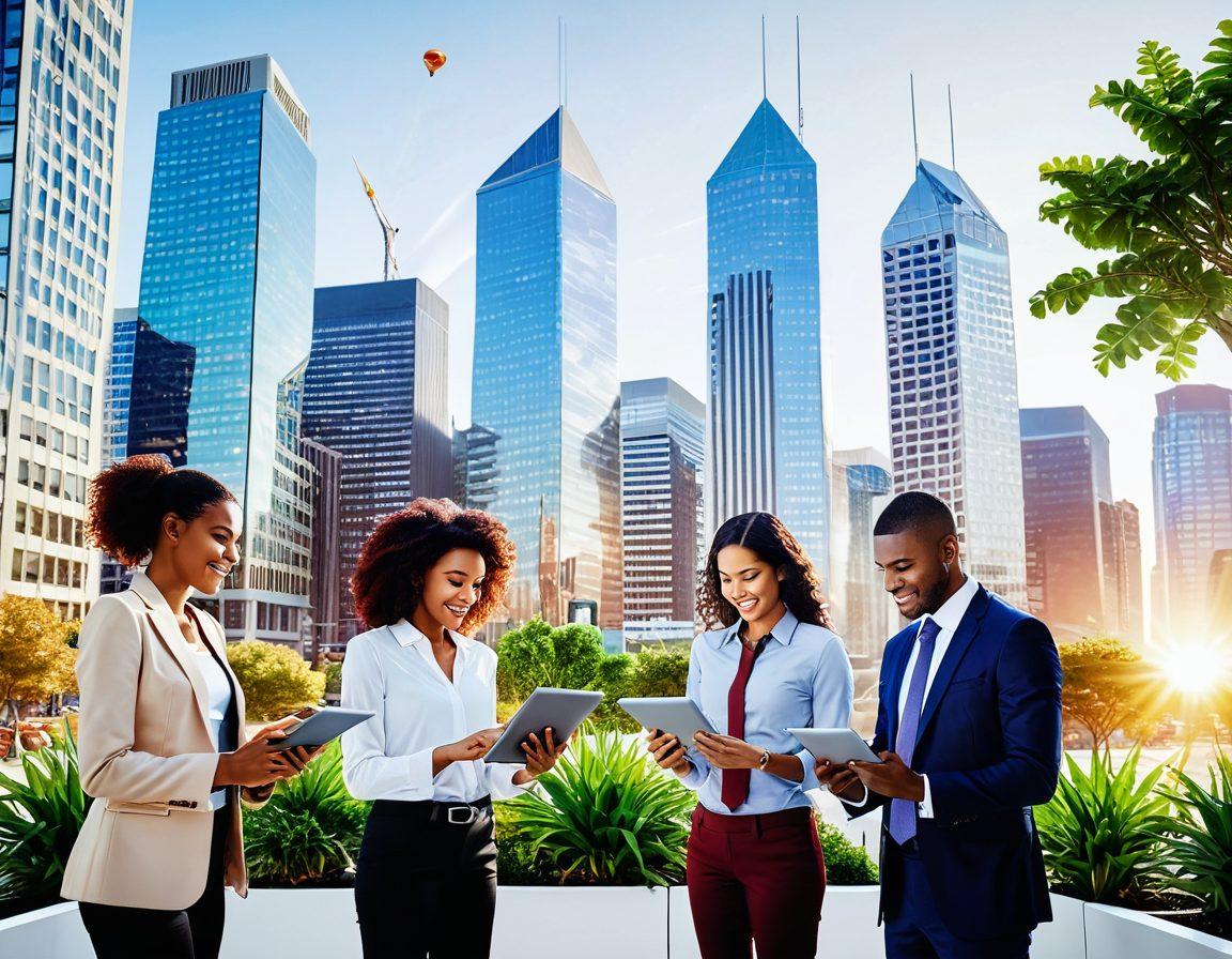 A vibrant cityscape showing diverse businesses thriving with innovative strategies. Include individuals collaborating over digital tablets, showcasing technology and teamwork in a bright office environment. Highlight elements representing growth such as arrows, plants, and a rising sun in the background. super-realistic. vibrant colors. white background.